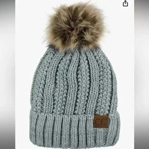 C.C Thick Cable Knit Faux Fur‎ Pom Beanie Gray White Winter Hat